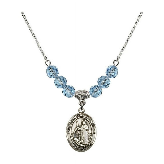 18-Inch Rhodium Plated Necklace with 6mm Blue March Birth Month Stone Beads and Saint Raymond of Penafort Charm