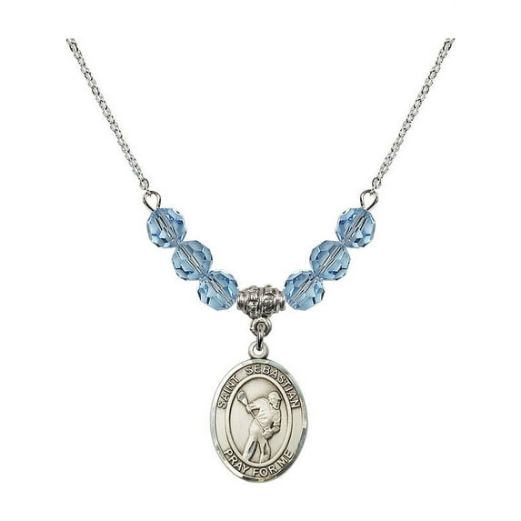 18-Inch Rhodium Plated Necklace with 6mm Blue March Birth Month Stone Beads and Saint Sebastian/Lacrosse Charm