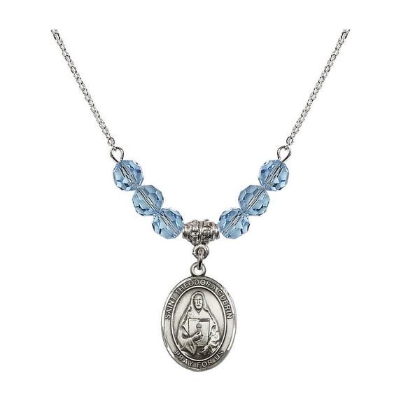 18-Inch Rhodium Plated Necklace with 6mm Blue March Birth Month Stone Beads and Saint Theodora Charm