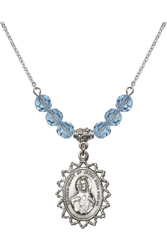 18-Inch Rhodium Plated Necklace with 6mm Blue March Birth Month Stone Beads and Scapular Charm