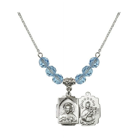 18-Inch Rhodium Plated Necklace with 6mm Blue March Birth Month Stone Beads and Scapular Charm