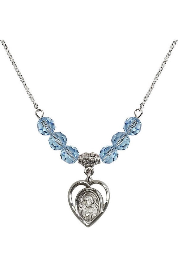 18-Inch Rhodium Plated Necklace with 6mm Blue March Birth Month Stone Beads and Scapular Charm