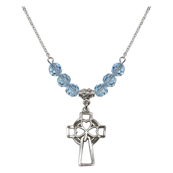18-Inch Rhodium Plated Necklace with 6mm Blue March Birth Month Stone Beads and Shamrock Cross Charm