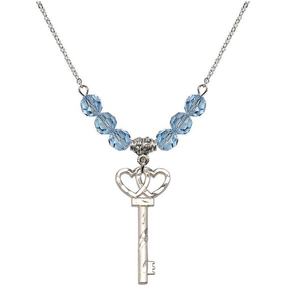 18-Inch Rhodium Plated Necklace with 6mm Blue March Birth Month Stone Beads and Small Key w/Double Hearts Charm