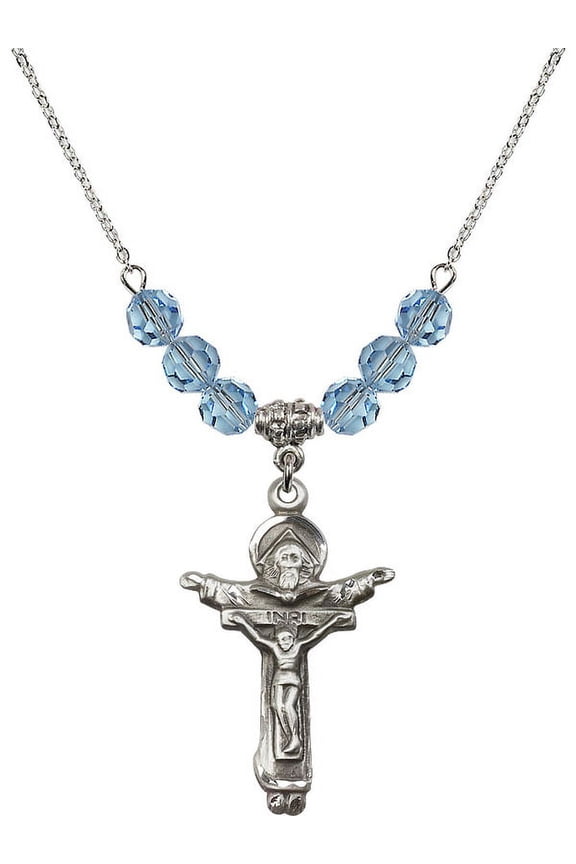 18-Inch Rhodium Plated Necklace with 6mm Blue March Birth Month Stone Beads and Trinity Crucifix Charm