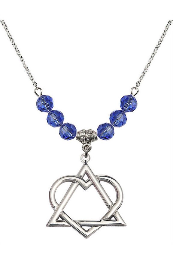 18-Inch Rhodium Plated Necklace with 6mm Blue September Birth Month Stone Beads and Adoption Heart Charm