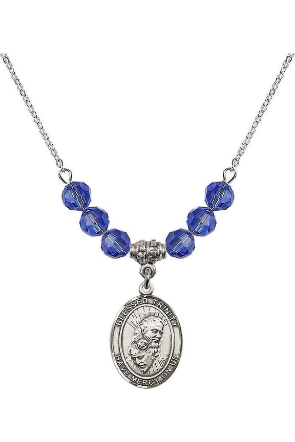 18-Inch Rhodium Plated Necklace with 6mm Blue September Birth Month Stone Beads and Blessed Trinity Charm