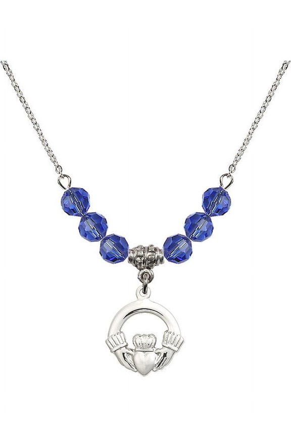 18-Inch Rhodium Plated Necklace with 6mm Blue September Birth Month Stone Beads and Claddagh Charm