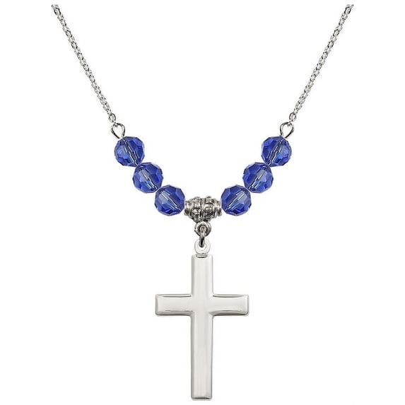 18-Inch Rhodium Plated Necklace with 6mm Blue September Birth Month Stone Beads and Cross Charm