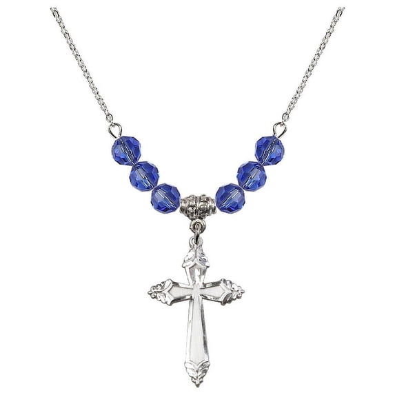 18-Inch Rhodium Plated Necklace with 6mm Blue September Birth Month Stone Beads and Cross Charm