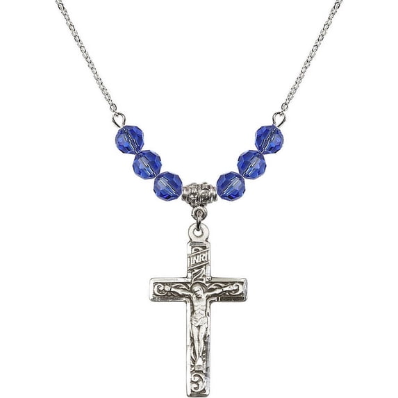 18-Inch Rhodium Plated Necklace with 6mm Blue September Birth Month Stone Beads and Crucifix Charm