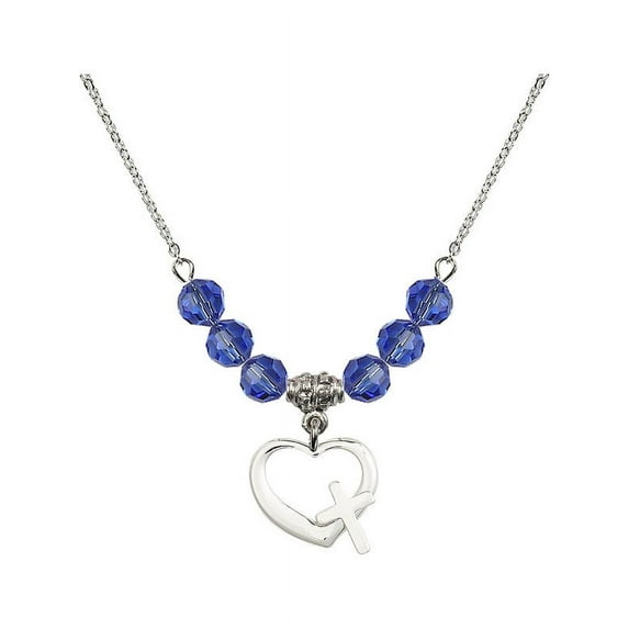 18-Inch Rhodium Plated Necklace with 6mm Blue September Birth Month Stone Beads and Heart / Cross Charm