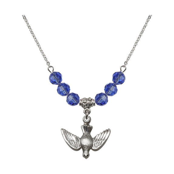 18-Inch Rhodium Plated Necklace with 6mm Blue September Birth Month Stone Beads and Holy Spirit Charm