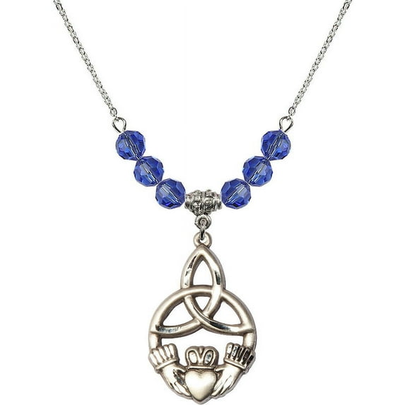 18-Inch Rhodium Plated Necklace with 6mm Blue September Birth Month Stone Beads and Irish Knot / Claddagh Charm