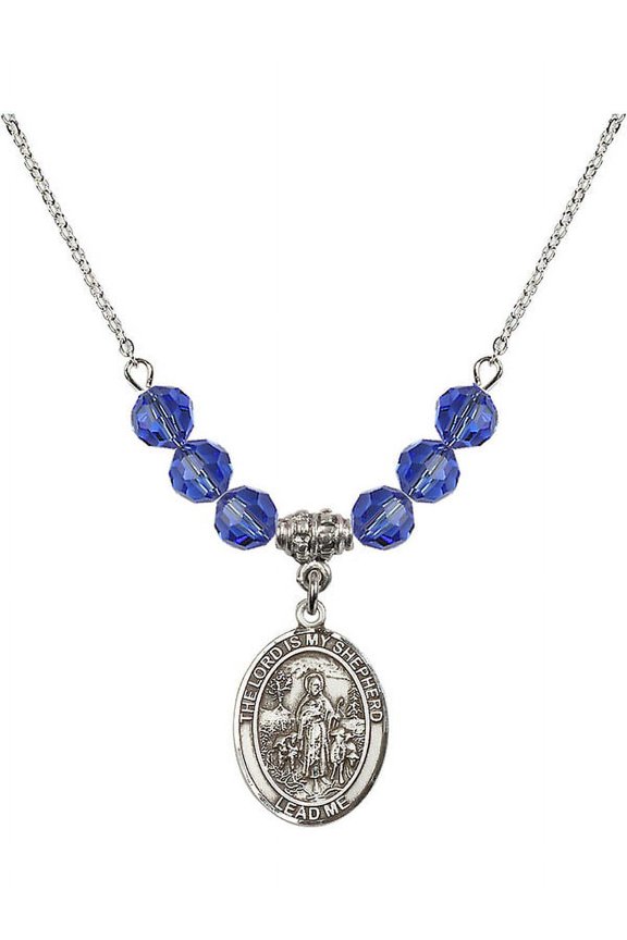 18-Inch Rhodium Plated Necklace with 6mm Blue September Birth Month Stone Beads and Lord Is My Shepherd Charm