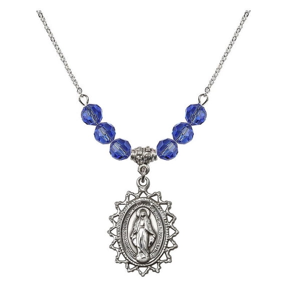 18-Inch Rhodium Plated Necklace with 6mm Blue September Birth Month Stone Beads and Miraculous Charm