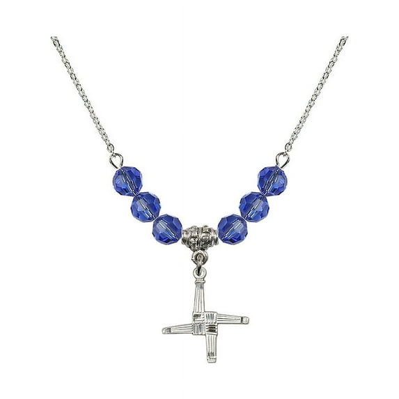 18-Inch Rhodium Plated Necklace with 6mm Blue September Birth Month Stone Beads and Saint Brigid Cross Charm