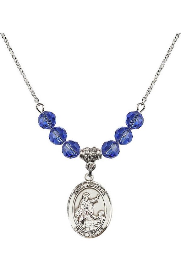 18-Inch Rhodium Plated Necklace with 6mm Blue September Birth Month Stone Beads and Saint Colette Charm
