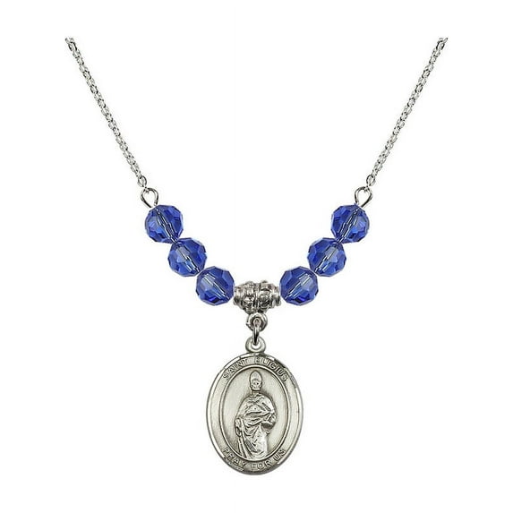 18-Inch Rhodium Plated Necklace with 6mm Blue September Birth Month Stone Beads and Saint Eligius Charm
