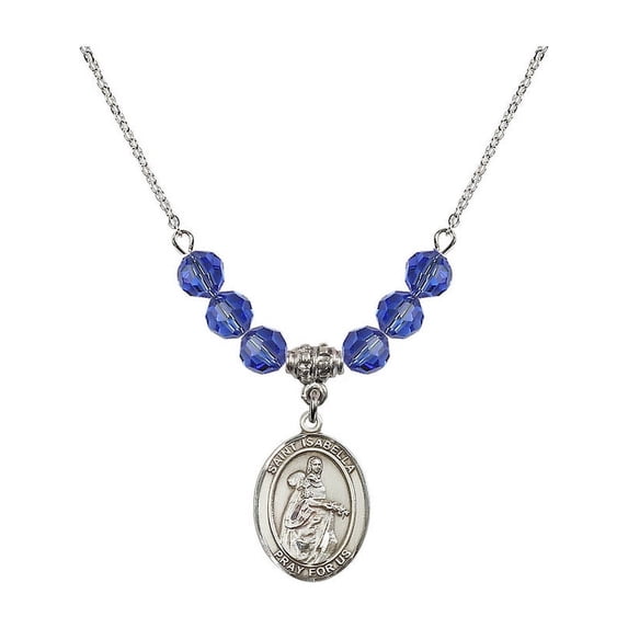 18-Inch Rhodium Plated Necklace with 6mm Blue September Birth Month Stone Beads and Saint Isabella of Portugal Charm