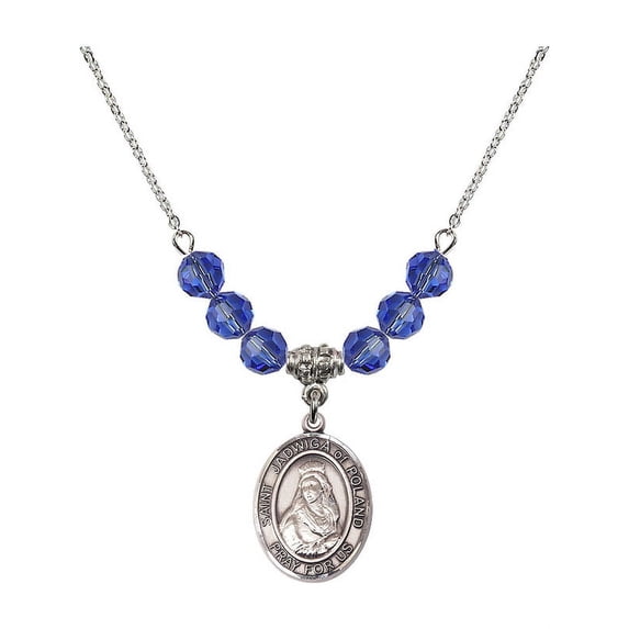 18-Inch Rhodium Plated Necklace with 6mm Blue September Birth Month Stone Beads and Saint Jadwiga of Poland Charm