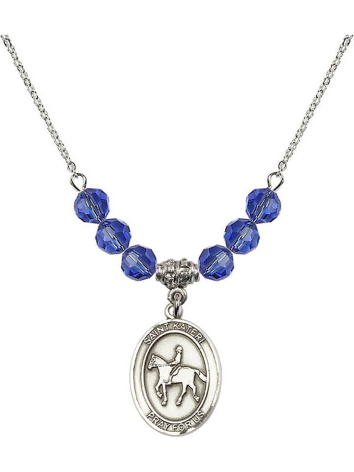 18-Inch Rhodium Plated Necklace with 6mm Blue September Birth Month Stone Beads and Saint Kateri/Equestrian Charm