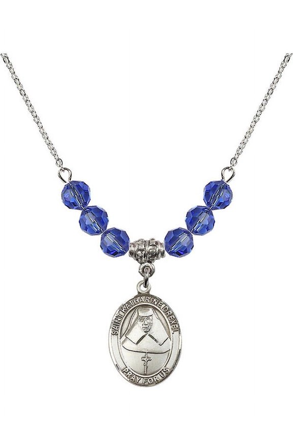 18-Inch Rhodium Plated Necklace with 6mm Blue September Birth Month Stone Beads and Saint Katharine Drexel Charm