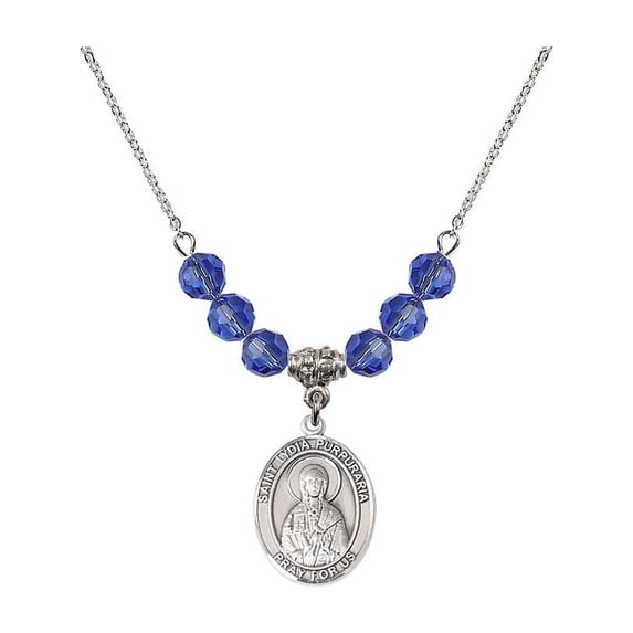 18-Inch Rhodium Plated Necklace with 6mm Blue September Birth Month Stone Beads and Saint Lydia Purpuraria Charm