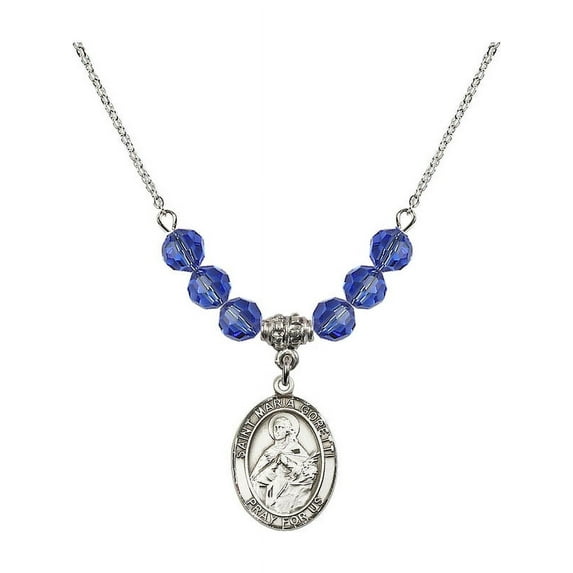 18-Inch Rhodium Plated Necklace with 6mm Blue September Birth Month Stone Beads and Saint Maria Goretti Charm