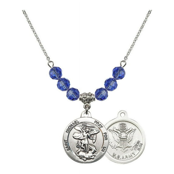 18-Inch Rhodium Plated Necklace with 6mm Blue September Birth Month Stone Beads and Saint Michael / Army Charm