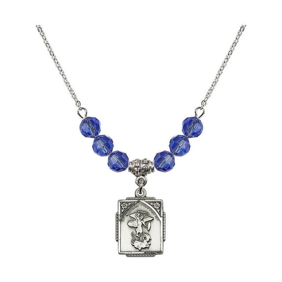 18-Inch Rhodium Plated Necklace with 6mm Blue September Birth Month Stone Beads and Saint Michael the Archangel Charm