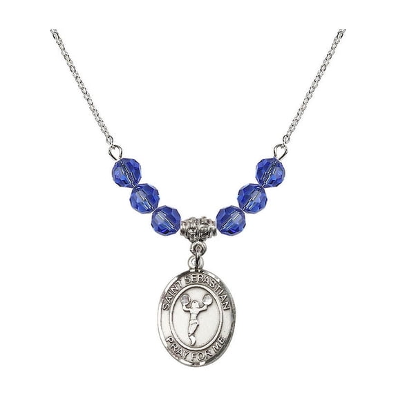 18-Inch Rhodium Plated Necklace with 6mm Blue September Birth Month Stone Beads and Saint Sebastian/Cheerleading Charm