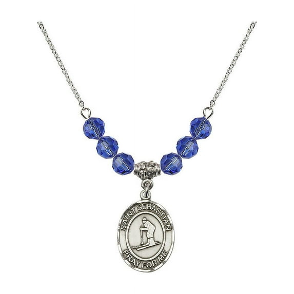 18-Inch Rhodium Plated Necklace with 6mm Blue September Birth Month Stone Beads and Saint Sebastian/Skiing Charm