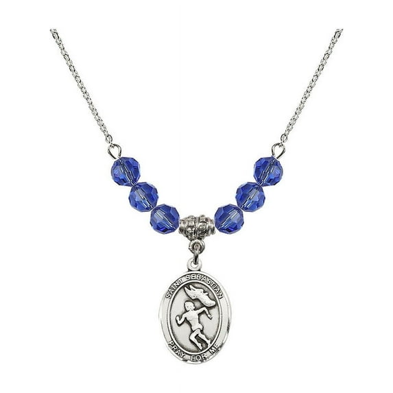 18-Inch Rhodium Plated Necklace with 6mm Blue September Birth Month Stone Beads and Saint Sebastian /Track&Field-Women Charm