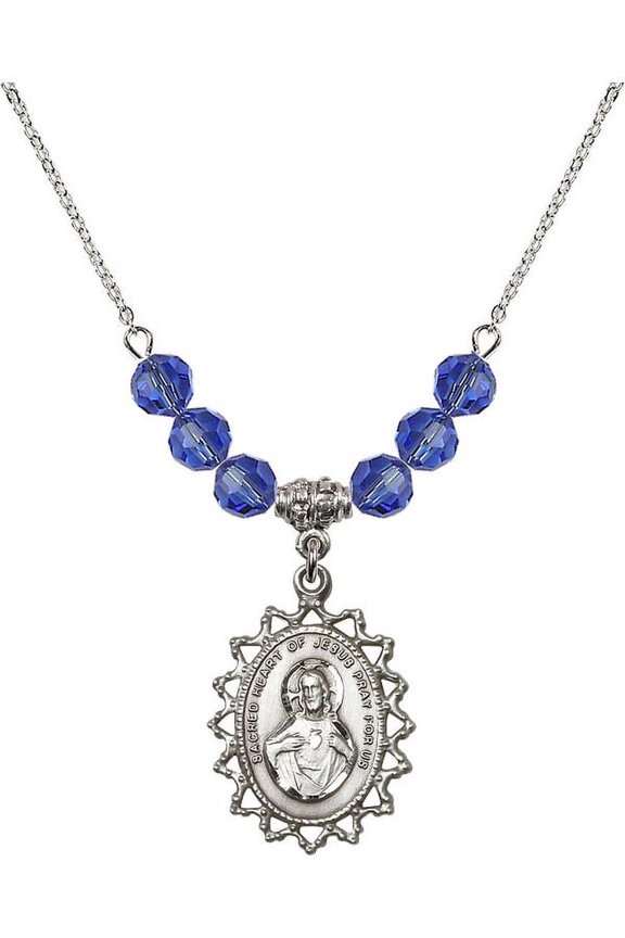 18-Inch Rhodium Plated Necklace with 6mm Blue September Birth Month Stone Beads and Scapular Charm