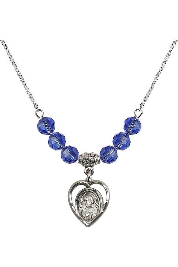 18-Inch Rhodium Plated Necklace with 6mm Blue September Birth Month Stone Beads and Scapular Charm