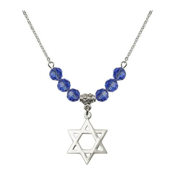 18-Inch Rhodium Plated Necklace with 6mm Blue September Birth Month Stone Beads and Star of David Charm