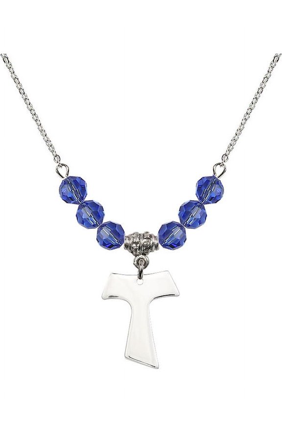 18-Inch Rhodium Plated Necklace with 6mm Blue September Birth Month Stone Beads and Tau Cross Charm