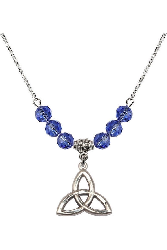 18-Inch Rhodium Plated Necklace with 6mm Blue September Birth Month Stone Beads and Trinity Irish Knot Charm