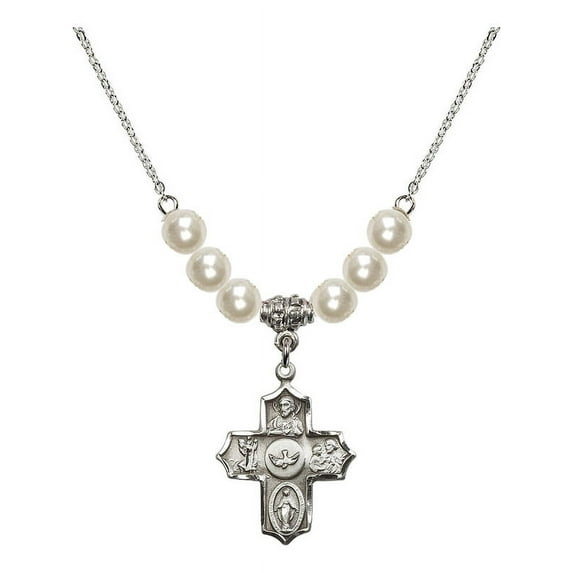 18-Inch Rhodium Plated Necklace with 6mm Faux-Pearl Beads and 5-Way Charm
