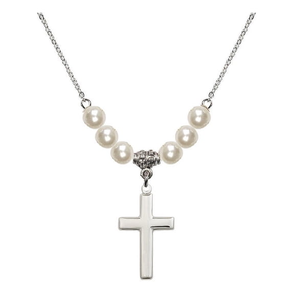 18-Inch Rhodium Plated Necklace with 6mm Faux-Pearl Beads and Cross Charm