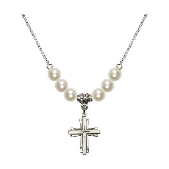 18-Inch Rhodium Plated Necklace with 6mm Faux-Pearl Beads and Cross Charm