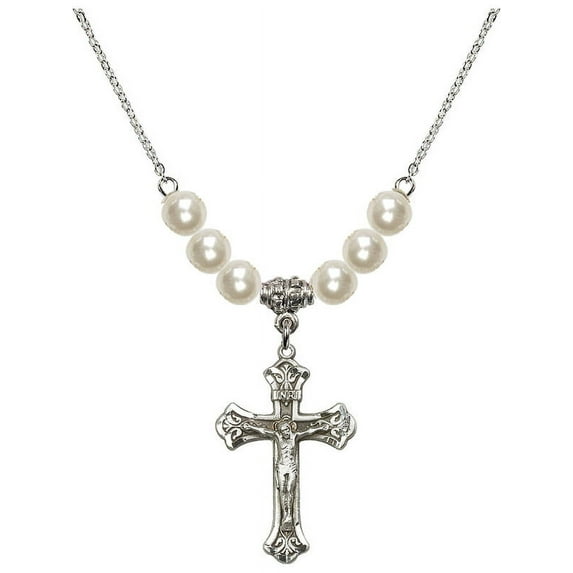 18-Inch Rhodium Plated Necklace with 6mm Faux-Pearl Beads and Crucifix Charm