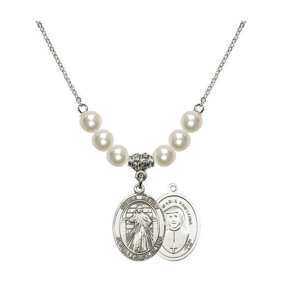 18-Inch Rhodium Plated Necklace with 6mm Faux-Pearl Beads and Divine Mercy Charm