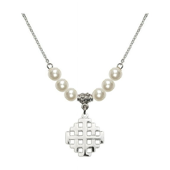 18-Inch Rhodium Plated Necklace with 6mm Faux-Pearl Beads and Jerusalem Cross Charm