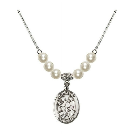 18-Inch Rhodium Plated Necklace with 6mm Faux-Pearl Beads and Saint Cecilia / Marching Band Charm