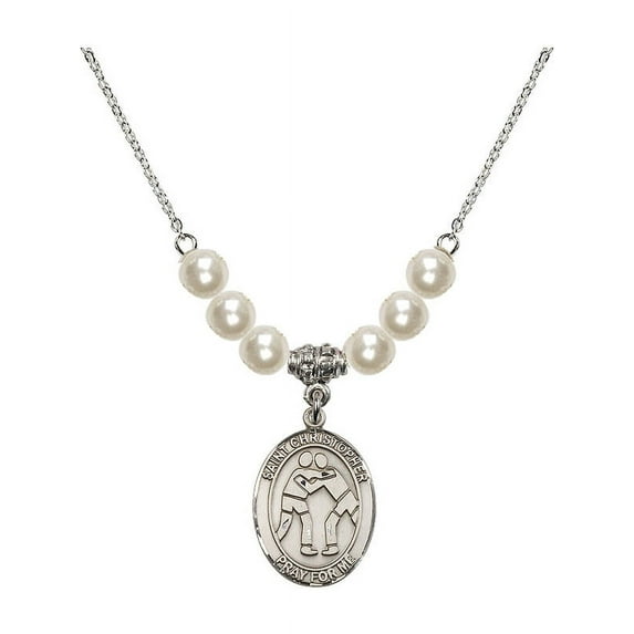 18-Inch Rhodium Plated Necklace with 6mm Faux-Pearl Beads and Saint Christopher/Wrestling Charm