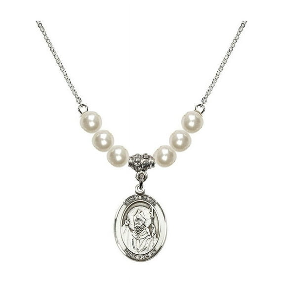 18-Inch Rhodium Plated Necklace with 6mm Faux-Pearl Beads and Saint David of Wales Charm