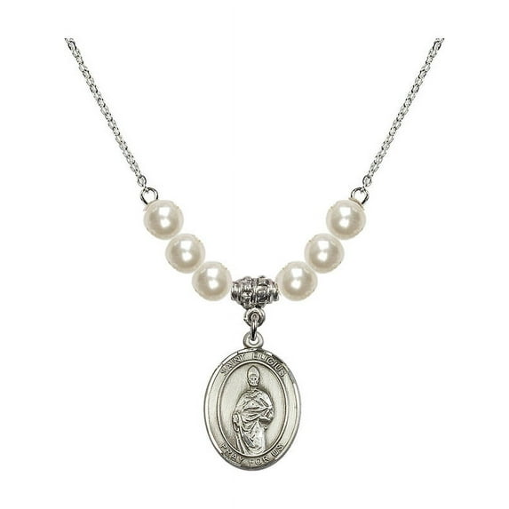 18-Inch Rhodium Plated Necklace with 6mm Faux-Pearl Beads and Saint Eligius Charm