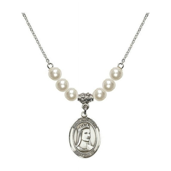 18-Inch Rhodium Plated Necklace with 6mm Faux-Pearl Beads and Saint Elizabeth of Hungary Charm